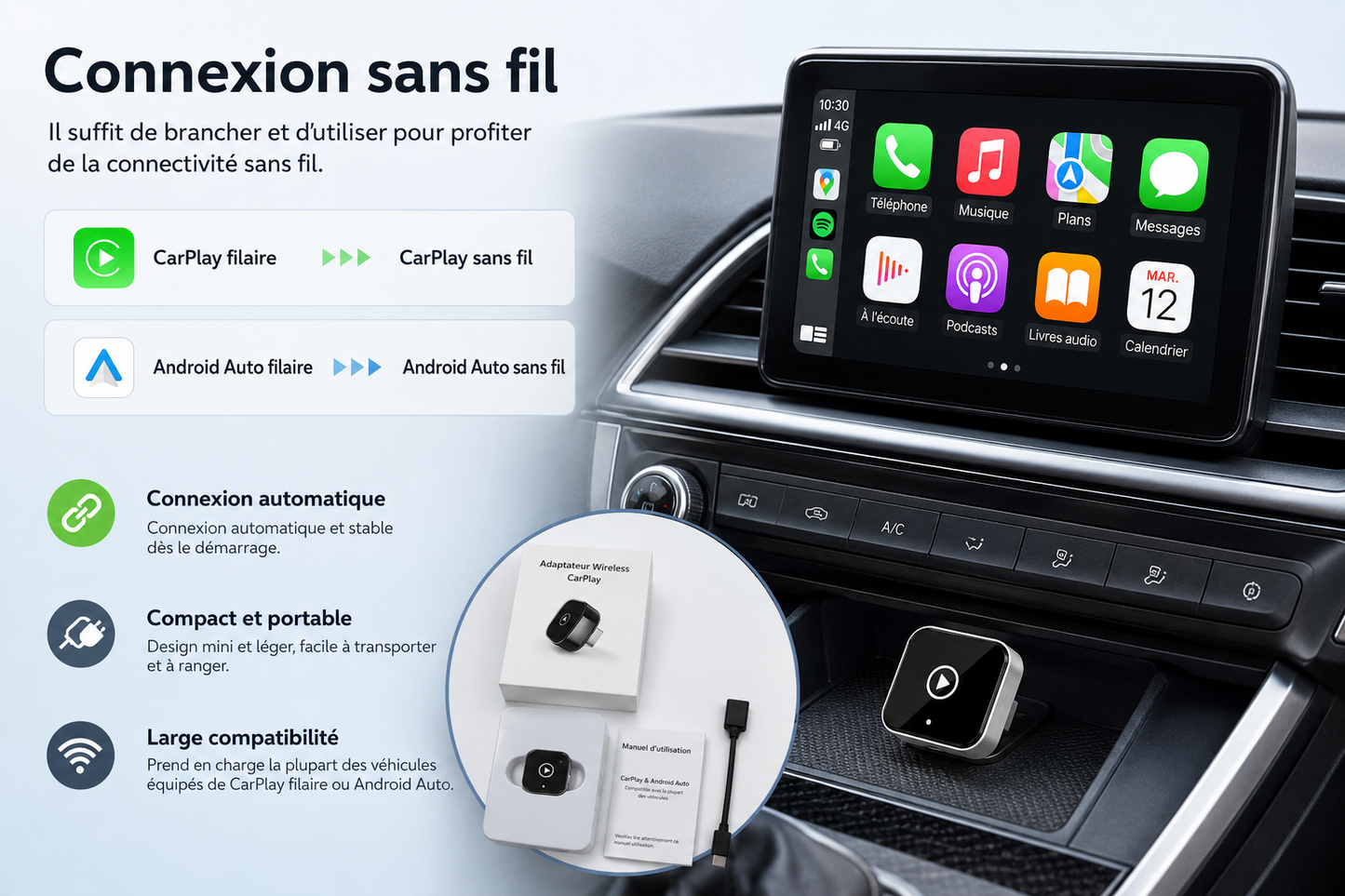 Adaptateur sans fil TurboChared® Mini Cube 3.0 pour CarPlay et Android Auto