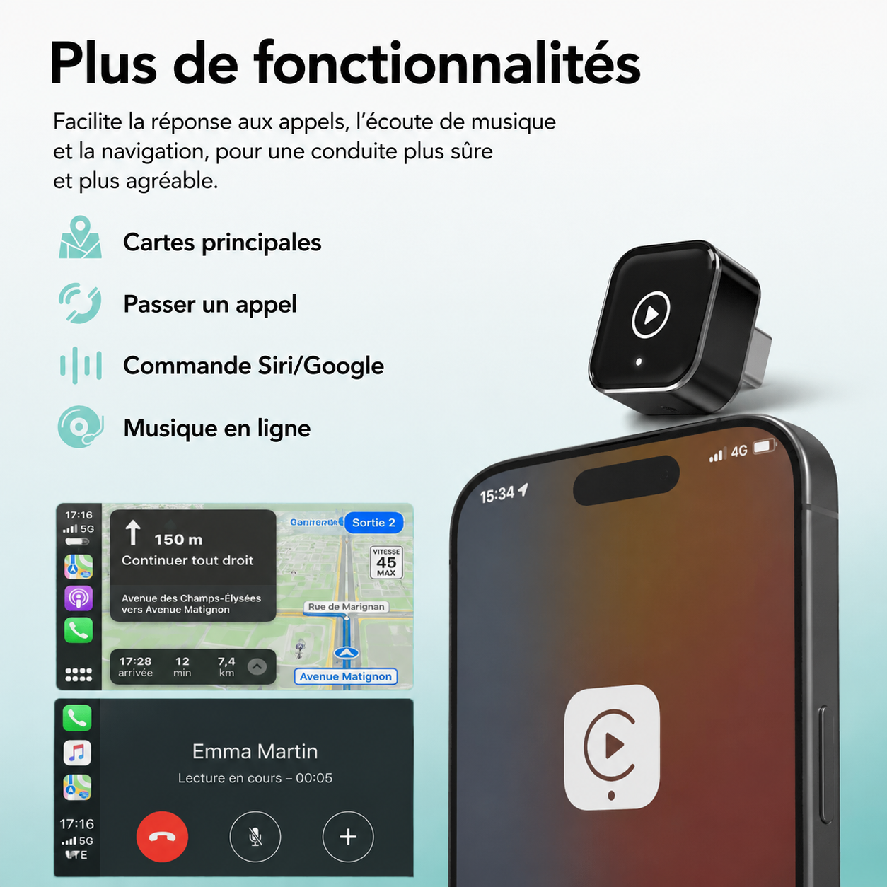 Adaptateur sans fil TurboChared® Mini Cube 3.0 pour CarPlay et Android Auto